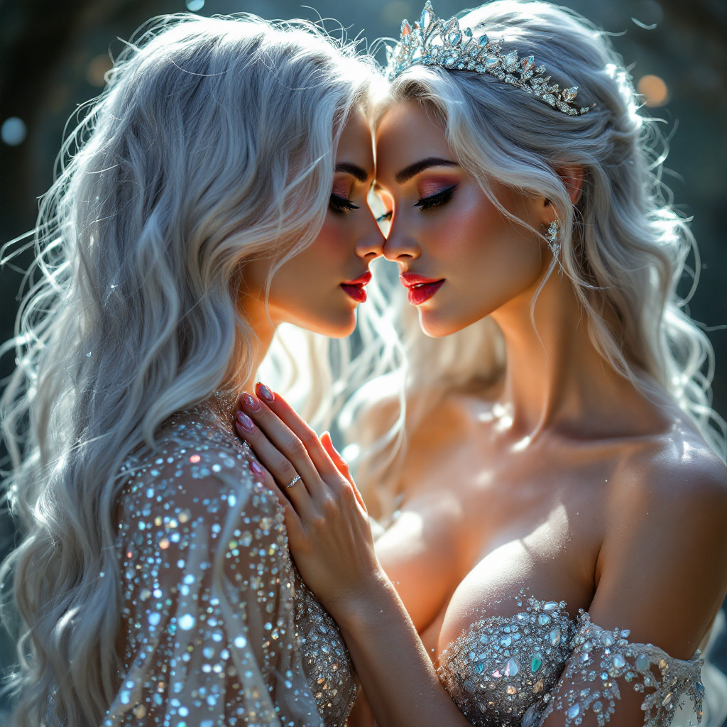 Two ethereal figures with long, flowing blonde hair lean in closely, their foreheads touching, surrounded by a soft glow, capturing the essence of love and intimacy from the quote.