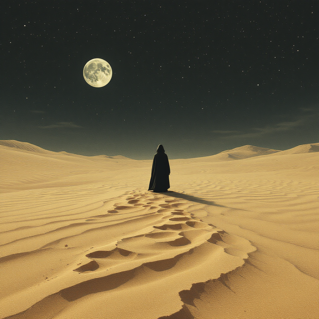 A cloaked figure stands alone in a vast desert, moonlight illuminating the scene, symbolizing the search for new insights amidst an endless landscape.