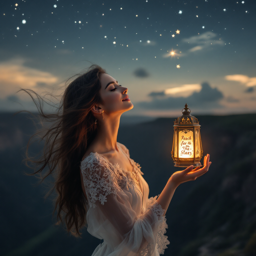 A woman in a flowing white dress holds a lantern aloft, gazing into a starry sky, symbolizing hope and the potential to reach for the stars.