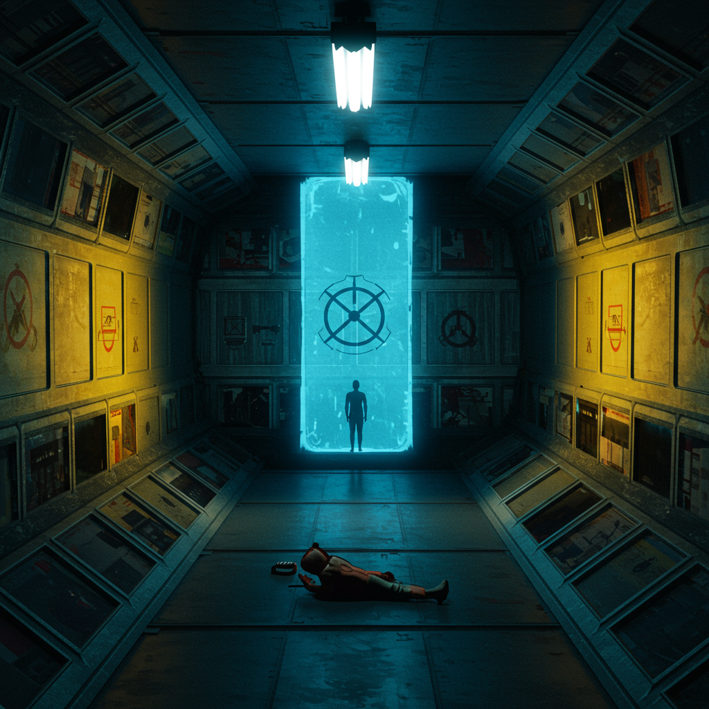 A lone figure stands in a dimly lit, futuristic chamber marked by symbols, with a glowing vertical barrier representing the inverted containment shielding this room from SCP-3125.