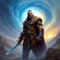 A strong warrior stands confidently with a sword, surrounded by a swirling blue and golden backdrop, symbolizing loyalty through challenges, resonating with the quote on steadfastness.