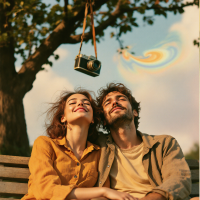 A couple sits together on a park bench, smiling warmly, as an old camera swings from a tree branch, symbolizing cherished memories that transcend time and distance.