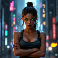 A confident woman with glowing green eyes stands in a vibrant, neon-lit cityscape, embodying the spirit of resilience with her strong stance, reflecting the quote about survival.