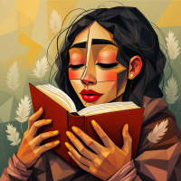 A woman with stylized features holds a book close, her eyes focused and lips slightly parted, surrounded by soft, geometric shapes reminiscent of leaves and warm colors.