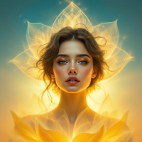 A radiant young woman surrounded by glowing lotus flowers and ethereal light, symbolizing growth and the idea that the past shapes but does not define the future.