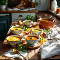 A wooden table displays a variety of colorful soups in decorative bowls, garnished with herbs, alongside fresh bread and vibrant ingredients, embodying the quote about a different soup for every day.