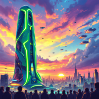 A futuristic tower glows with vibrant colors against a sunset sky, while silhouettes of people gather below, embodying the essence of the quote: We are not made to be forgotten.