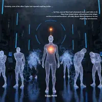 A glowing figure labeled Copy B0015 stands with a bright heart and illuminated head, surrounded by dimmer, less distinct humanoid forms in a dark, digital environment.