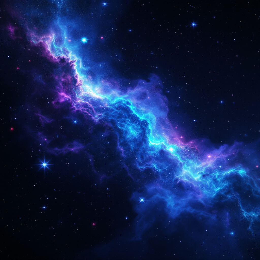 A vibrant cosmic scene with swirling nebulae in shades of blue and purple against a dark starry backdrop, embodying the silence and stories of dreams and nightmares in space.