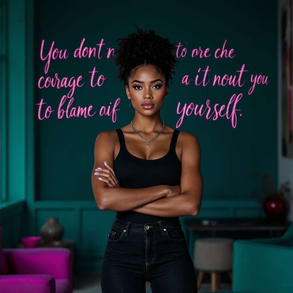 A confident woman with natural hair stands with her arms crossed, against a vibrant teal wall. Inspirational text about courage and self-advocacy is artistically integrated into the background.