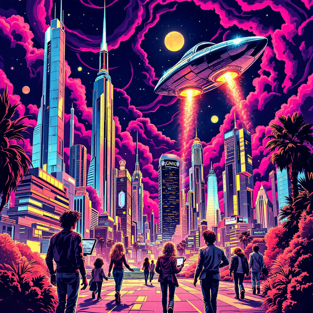 A vibrant futuristic city skyline under a dramatic purple and pink sky. A group of people looks up at a flying saucer, embodying the idea that possibilities extend beyond our knowledge.