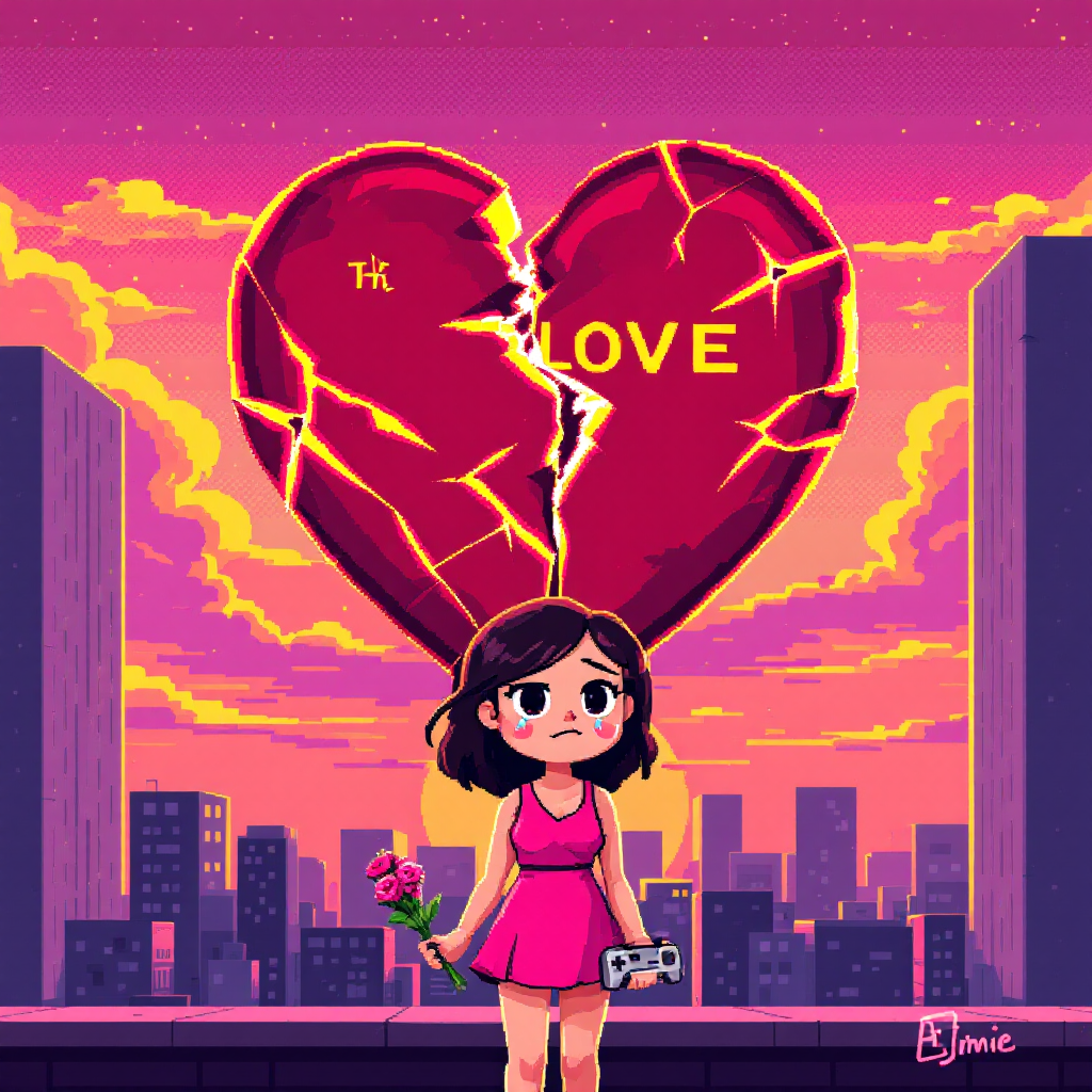 A girl in a pink dress stands on a city rooftop, holding a flower and a game controller, in front of a large, cracked heart with “LOVE” written on it, embodying the quote about love's sacrifices.