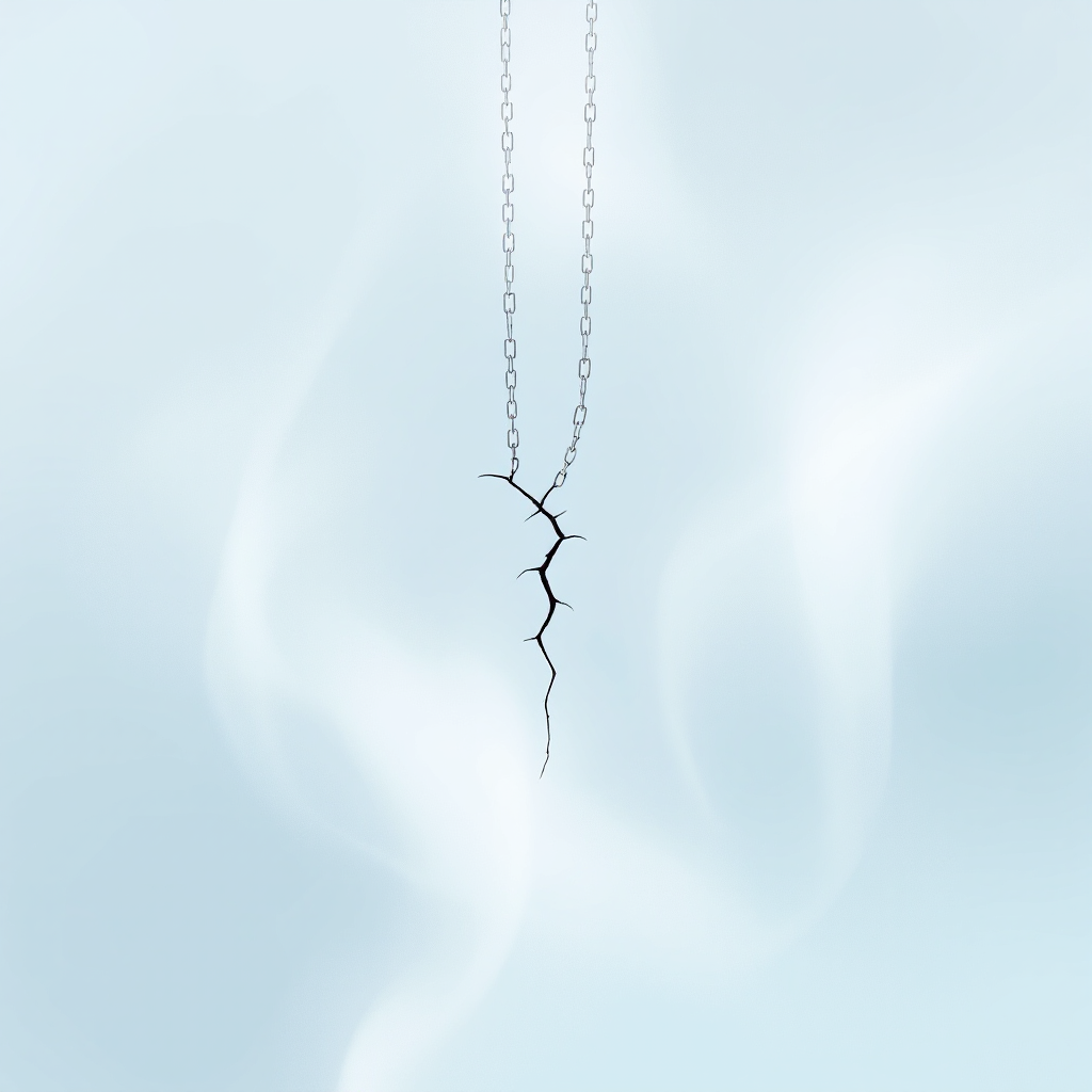 A delicate silver chain features a pointed, thorn-like pendant, symbolizing fragility and interconnectedness, resonating with the idea of a weak link in a chain. 