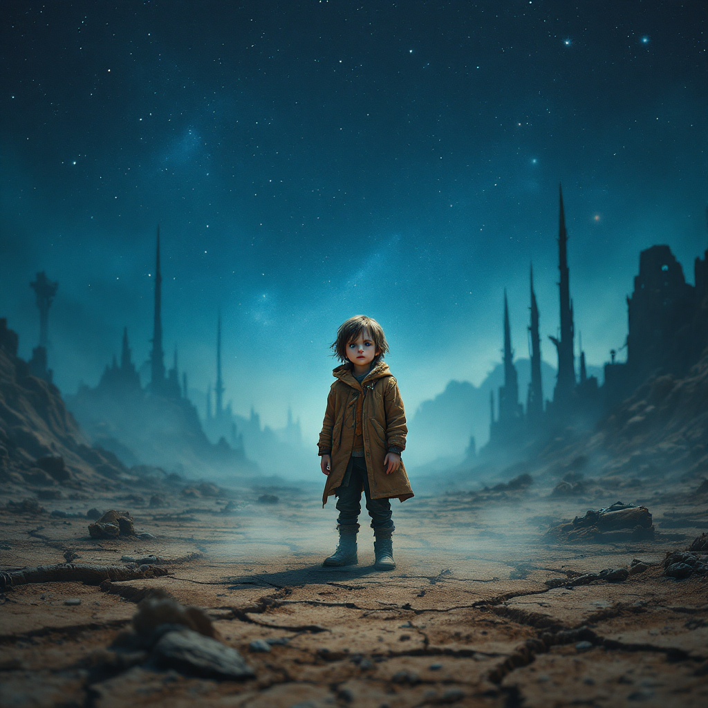 A lost child stands in a desolate landscape under a starry sky, embodying confusion and isolation in a world that feels incomprehensible and vast.