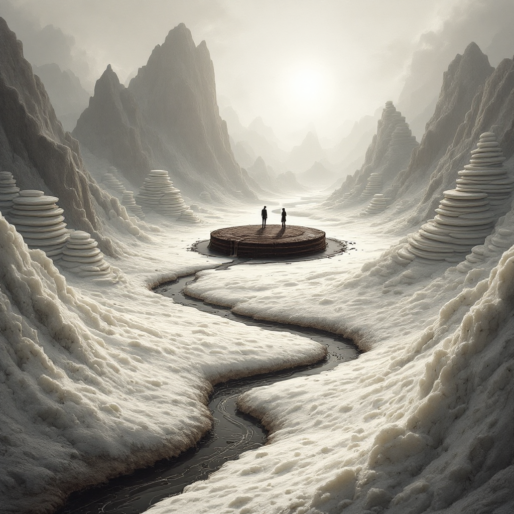 A surreal landscape features two figures standing on a circular platform, surrounded by towering mountains and swirling clouds, symbolizing the essence of nourishment and identity.