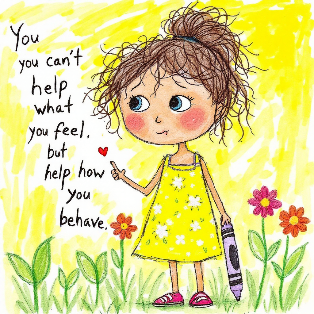 A colorful illustration features a young girl with curly hair in a yellow dress, holding a crayon, surrounded by flowers, alongside the quote about feelings and behavior.