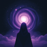 A cloaked figure stands against a swirling galaxy of purple and white light, embodying the quote, The universe whispers truths that only silence can reveal in a cosmic, ethereal setting.