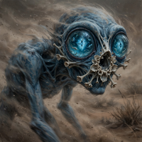 A lanky bluish creature with a hollow, flower-like nose and enormous phosphorescent eyes containing diamond pupils and swimming shapes lumbers through a desolate landscape.