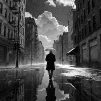 A solitary figure walks through a rain-soaked, empty city street under a large umbrella, surrounded by towering buildings and dramatic clouds, reflecting the uncertainty of guesses and hopes.