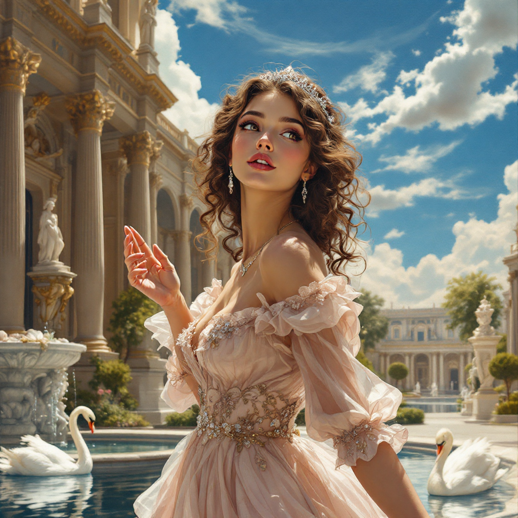 A young woman in an elegant pink gown stands near a serene fountain, swans gliding gracefully in the water, embodying the spirit of adventure and beauty amidst a grand, sunny landscape.