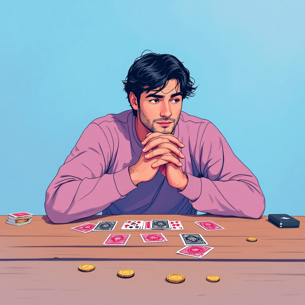 A pensive young man sits at a table with a hand of playing cards and a few coins, embodying the essence of strategy and adaptation in the game of life.