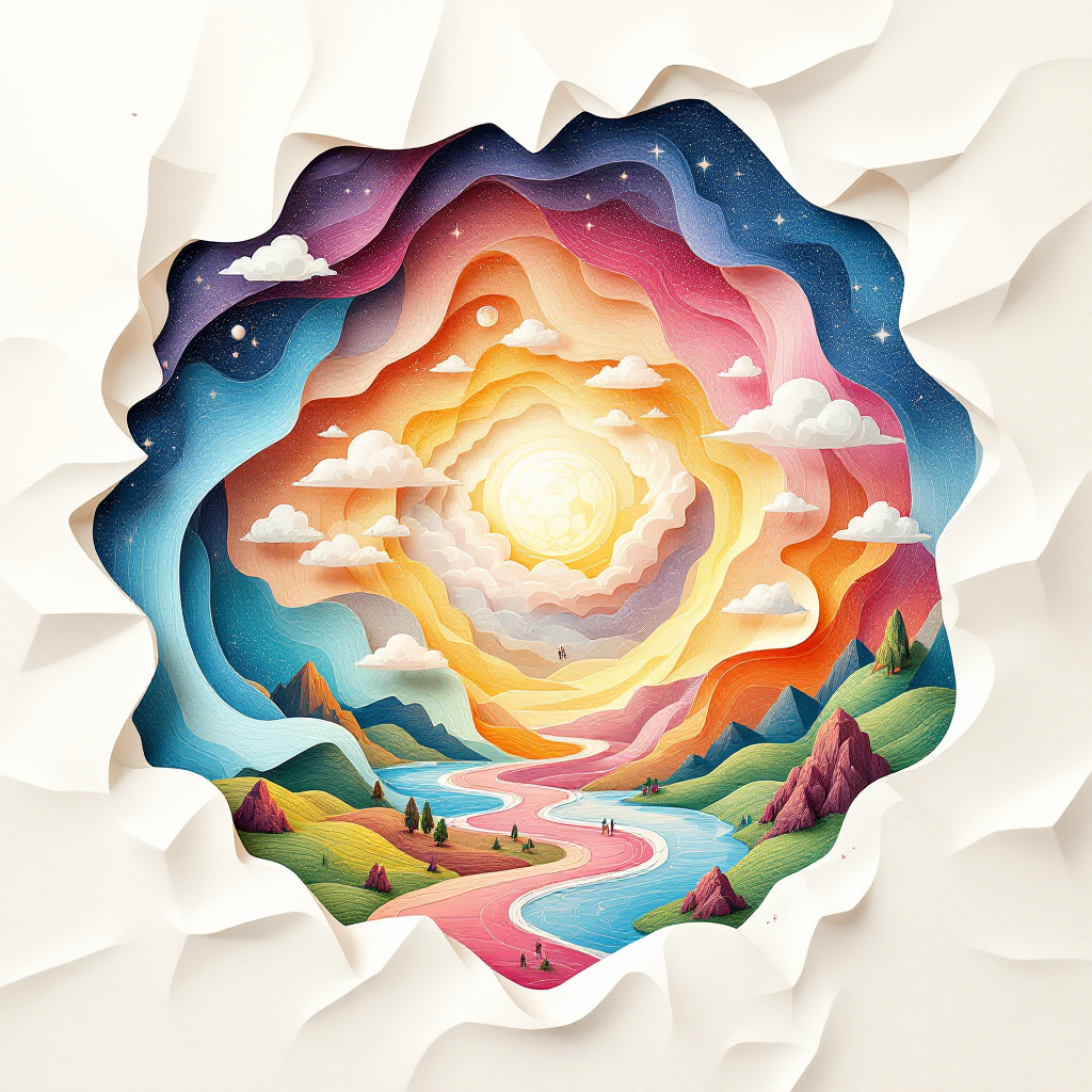 A vibrant, layered landscape featuring colorful mountains and a winding river surrounded by clouds, embodying the idea of each mind as a unique universe to explore.