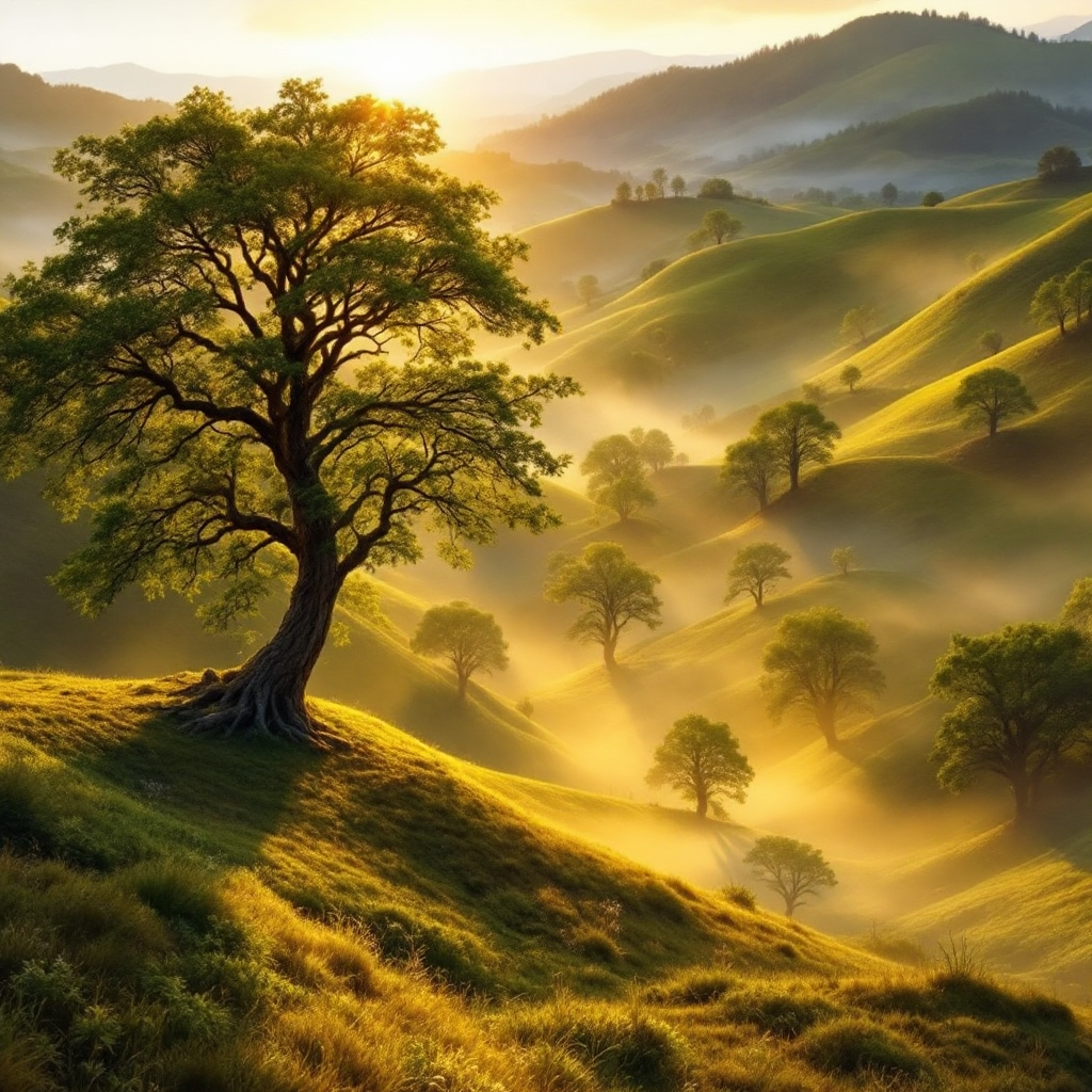 A serene landscape at sunrise, featuring a prominent tree on a hill, surrounded by softly rolling hills and mist, embodying the idea that nature is the ultimate philosopher.