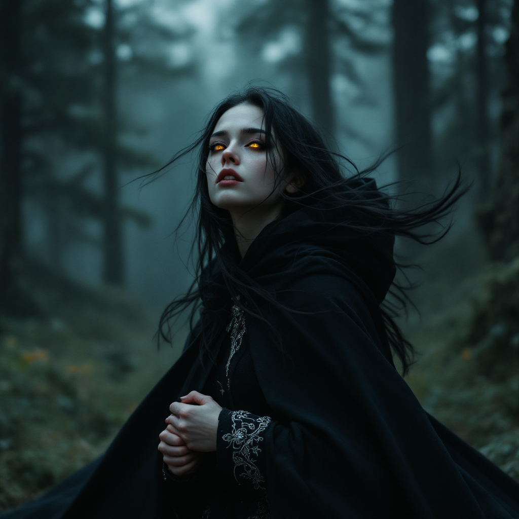 A dark figure with glowing eyes stands in a misty forest, embodying solitude and longing, reflective of the quote's desire for authentic connections beyond facades.