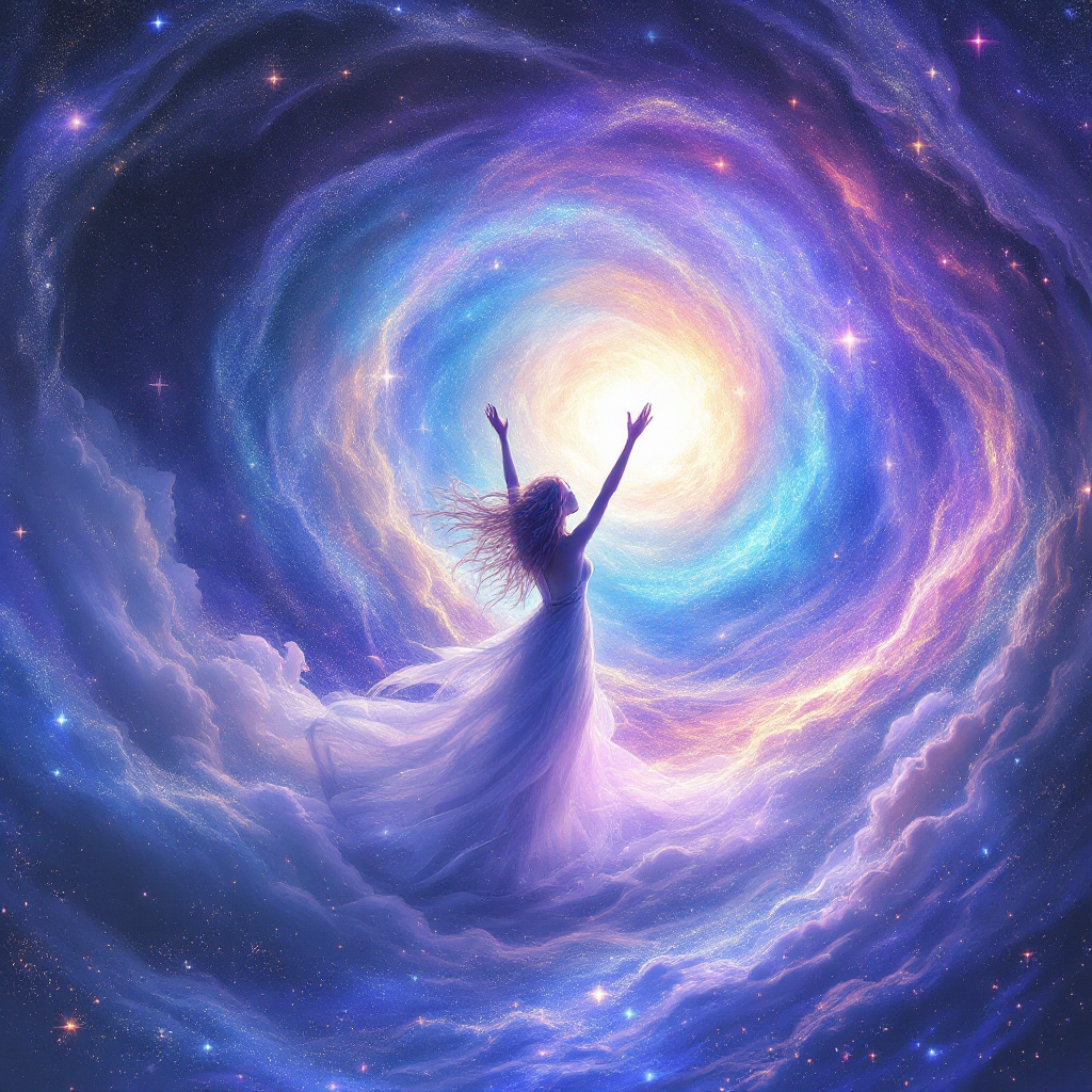 A figure in a flowing white dress stands with outstretched arms in a vibrant cosmic swirl, symbolizing a journey of self-discovery and embracing one's inner light.