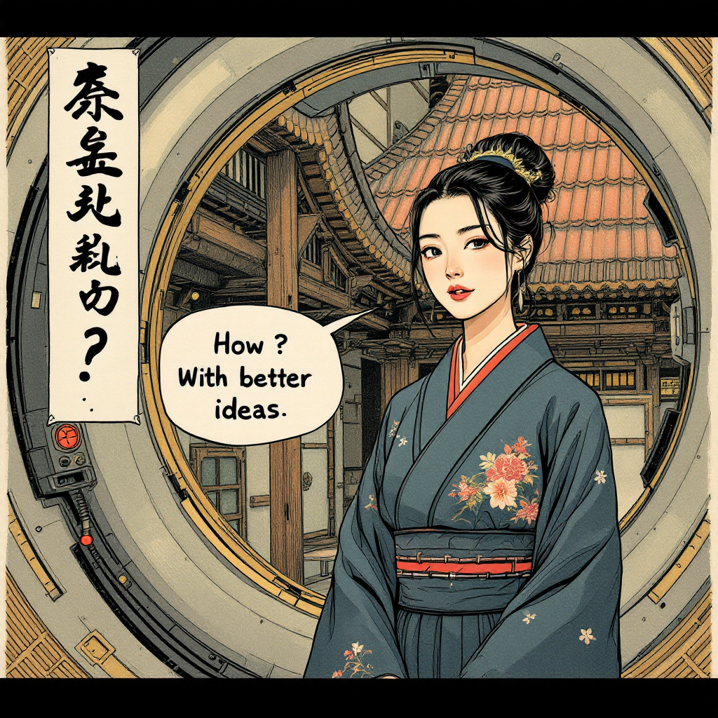 A woman in a traditional kimono stands in a futuristic airlock, saying, How? With better ideas, echoing the quote about ideas being replaced by better ones.