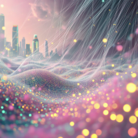 A vibrant, abstract landscape of glowing waves and sparkling dots stretches towards a city skyline, reminiscent of sensory threads and entwined optical fibers.