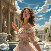 A young woman in an elegant pink gown stands near a serene fountain, swans gliding gracefully in the water, embodying the spirit of adventure and beauty amidst a grand, sunny landscape.