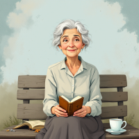 An older woman with gray hair sits on a bench, smiling gently as she reads a book, embodying the quote It's never too late to be what you might have been. A cup rests beside her.