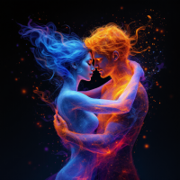 A glowing blue-haired woman and a fiery orange-haired man embrace, their bodies merging in vibrant colors, symbolizing the emotional depth and risk of love as a greatest gift.