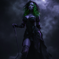 A powerful figure in a dark corset and flowing cape stands confidently, holding a whip, embodying themes of empowerment and desire within a dramatic, moody backdrop.