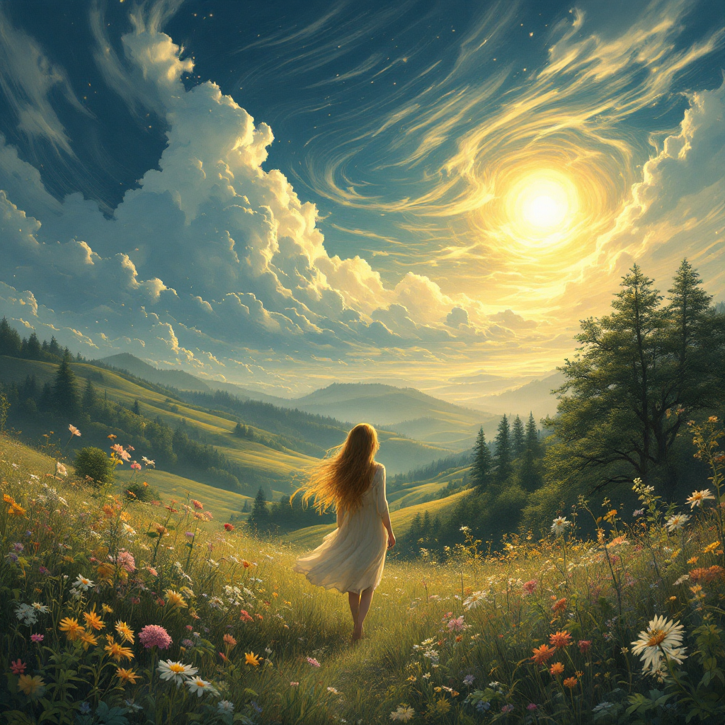 A woman in a flowing dress walks through a vibrant meadow, surrounded by colorful flowers, under a swirling sky illuminated by a radiant sun, embodying beauty amidst peril.