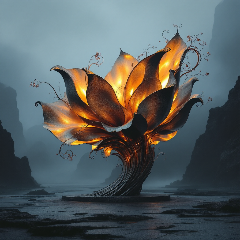 A metallic sculpture resembling a flower, with elegant, flowing petals illuminated in warm tones, set against a misty, rocky landscape, evoking the transformation of a ship.