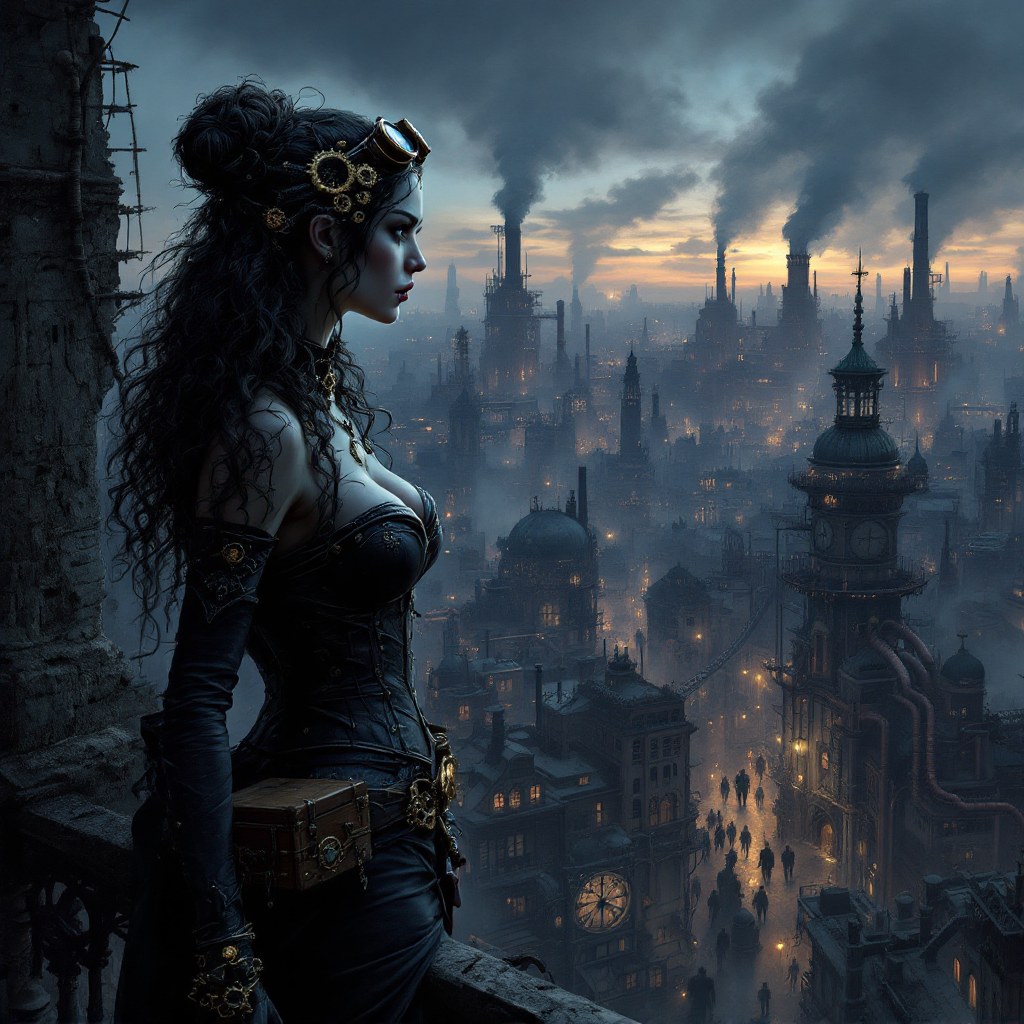 A contemplative figure in a steampunk setting gazes over a smoky cityscape at dusk, embodying the sentiment that no one is innocent, not even the self-righteous.