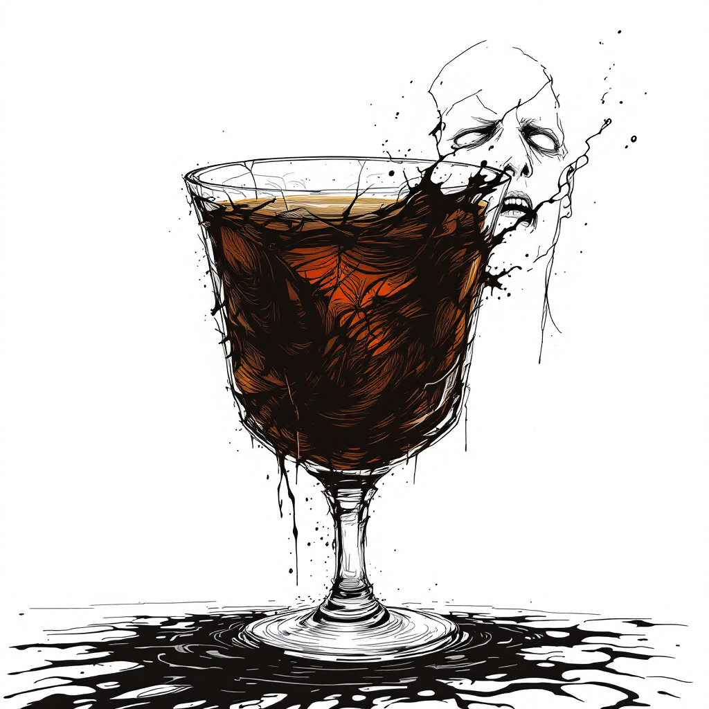 A dark, swirling drink fills a glass, with an ethereal figure emerging from it, embodying the quote about despair as a bitter, unrelenting drink.