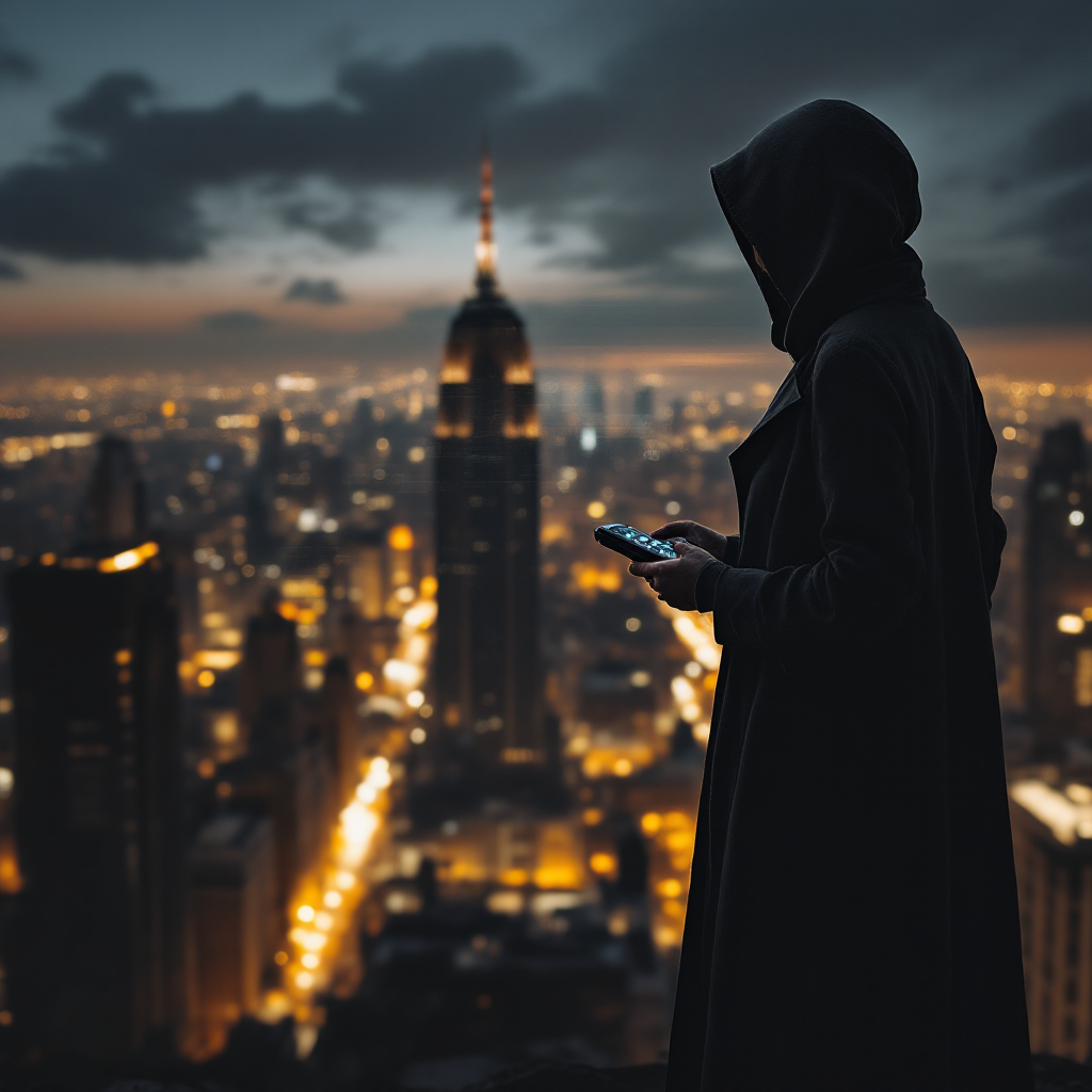 A cloaked figure stands on a rooftop overlooking a city skyline at dusk, reflecting on the weight of choices and control over others' destinies amidst glowing lights.