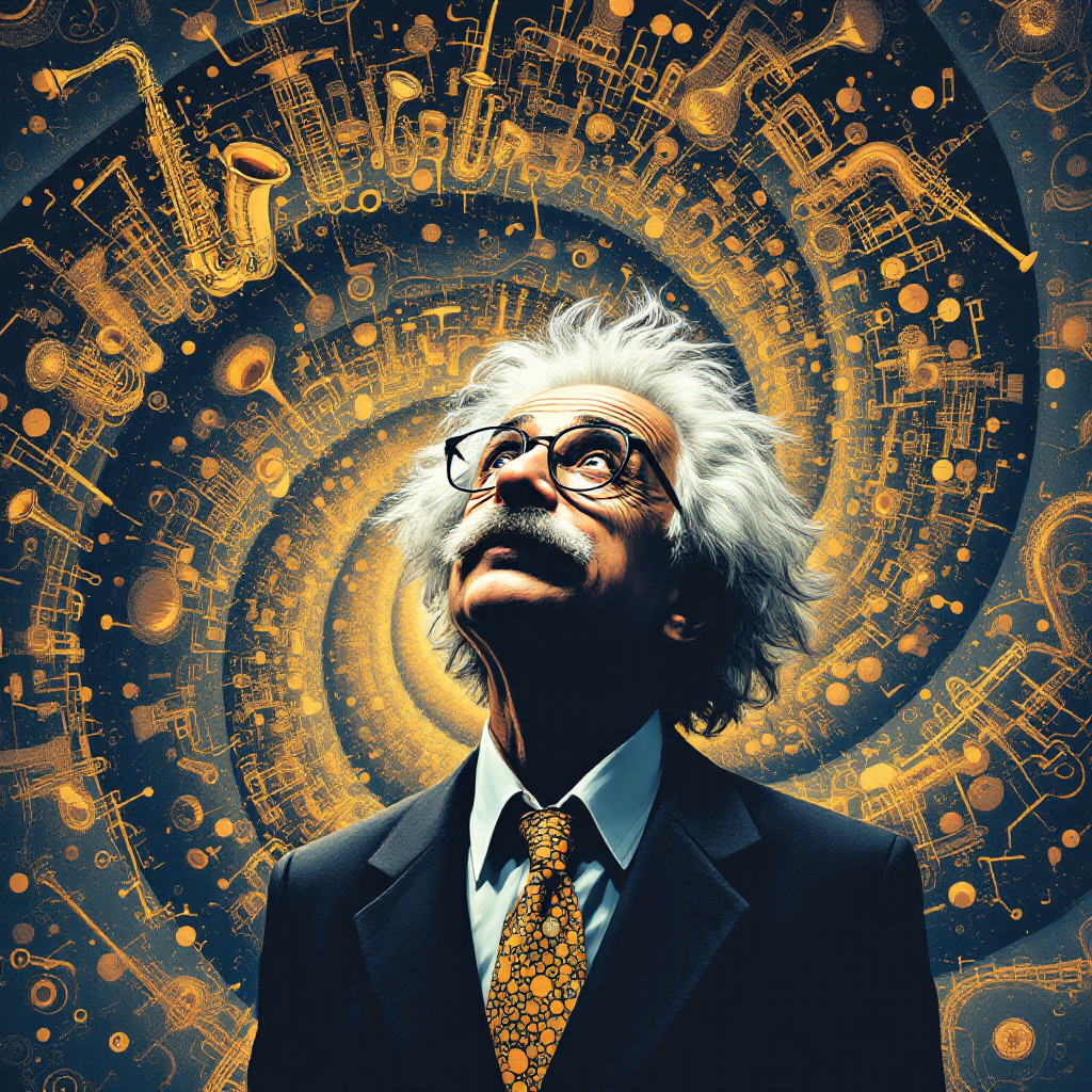 A contemplative figure with wild hair, dressed in a suit, gazes upward amidst a swirling background of musical notes and symbols, reflecting on persistence in problem-solving.