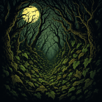 A dark, twisted forest pathway leads deeper into shadows, illuminated by a haunting full moon, reflecting the idea that the monsters we create return to haunt us.