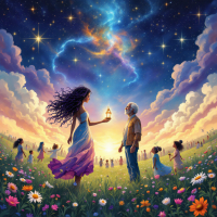 A dreamlike scene depicting a woman holding a lantern while conversing with an older man, surrounded by children in a vibrant, flower-filled landscape under a starry sky.