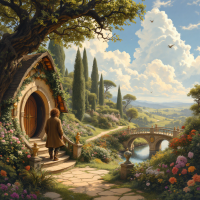 A hobbit stands at the entrance of a cozy round door surrounded by lush flowers and greenery, gazing at a scenic bridge in a tranquil landscape, embodying Frodo's journey.