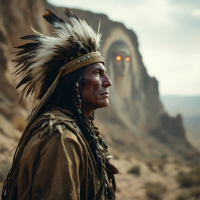 A Native American man in traditional attire stands solemnly in a desert landscape, with a mystical face looming in the background, embodying the wisdom of ancestral warnings.