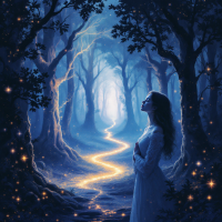 A young woman in a flowing white dress stands in a magical forest, gazing upward. A glowing path winds through the trees, embodying the quote about seeing with the heart.