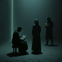 Three shadowed figures in a dim, empty space, emphasizing isolation and unfamiliarity, reflecting the idea that we start as strangers to ourselves and each other.
