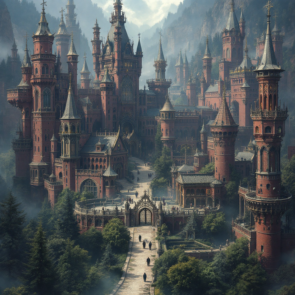 A sprawling, walled cityscape of towering red palaces and intricate gardens, enveloped by mountains, embodies the grandeur and paranoia of the Royal House of Erhenrang.