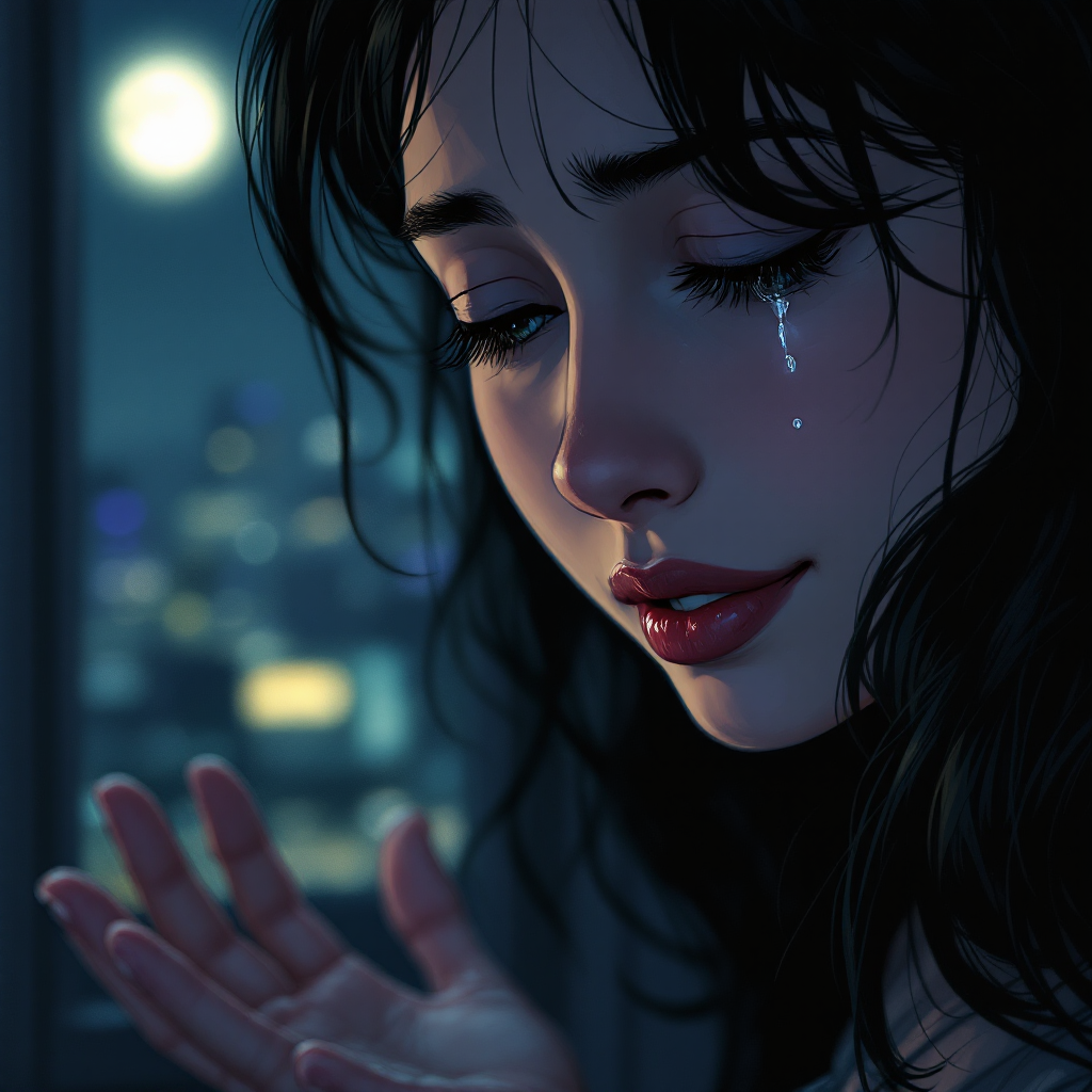 A woman with dark, flowing hair gazes thoughtfully out of a window, a single tear rolling down her cheek, capturing the regret of unspoken love. The city lights twinkle in the background.