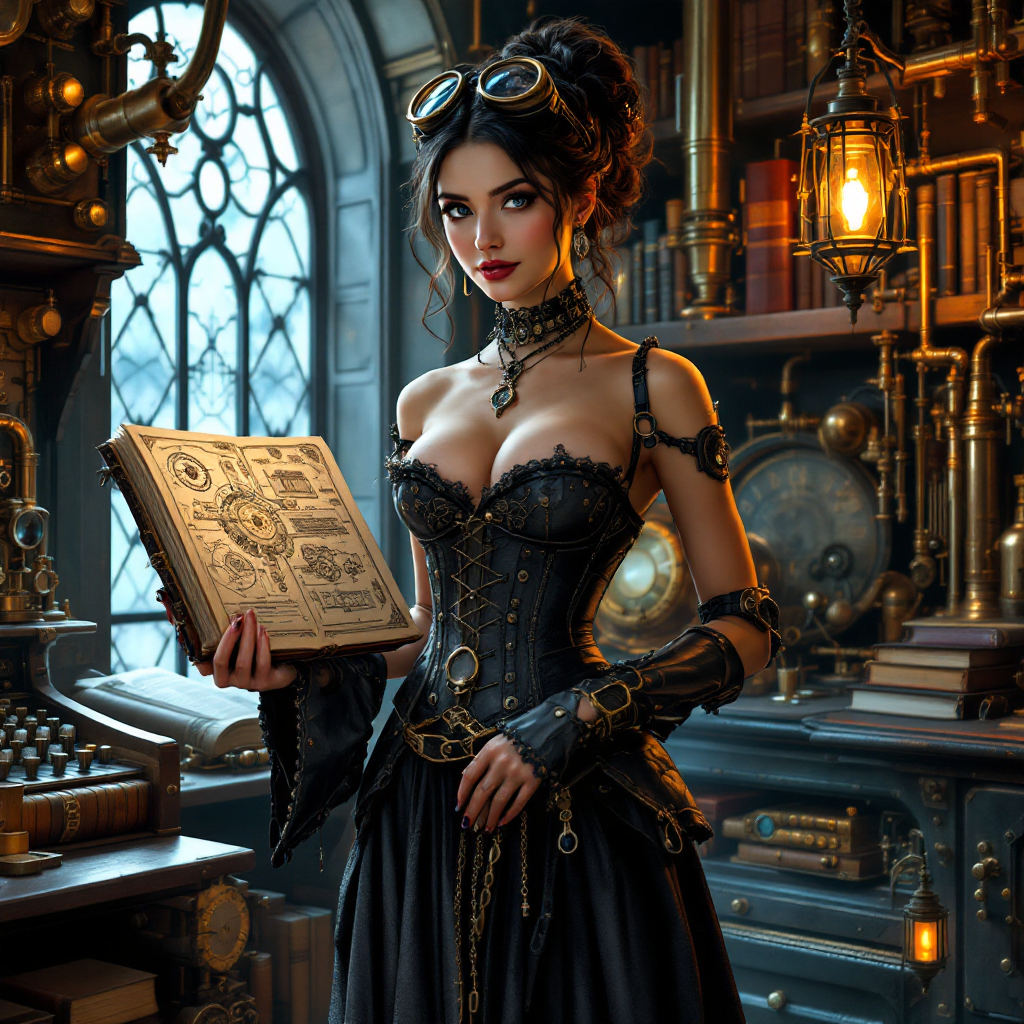 A confident woman in steampunk attire stands in a dimly lit library, holding an ornate book. The atmosphere reflects a curiosity about knowledge dispelling fear.